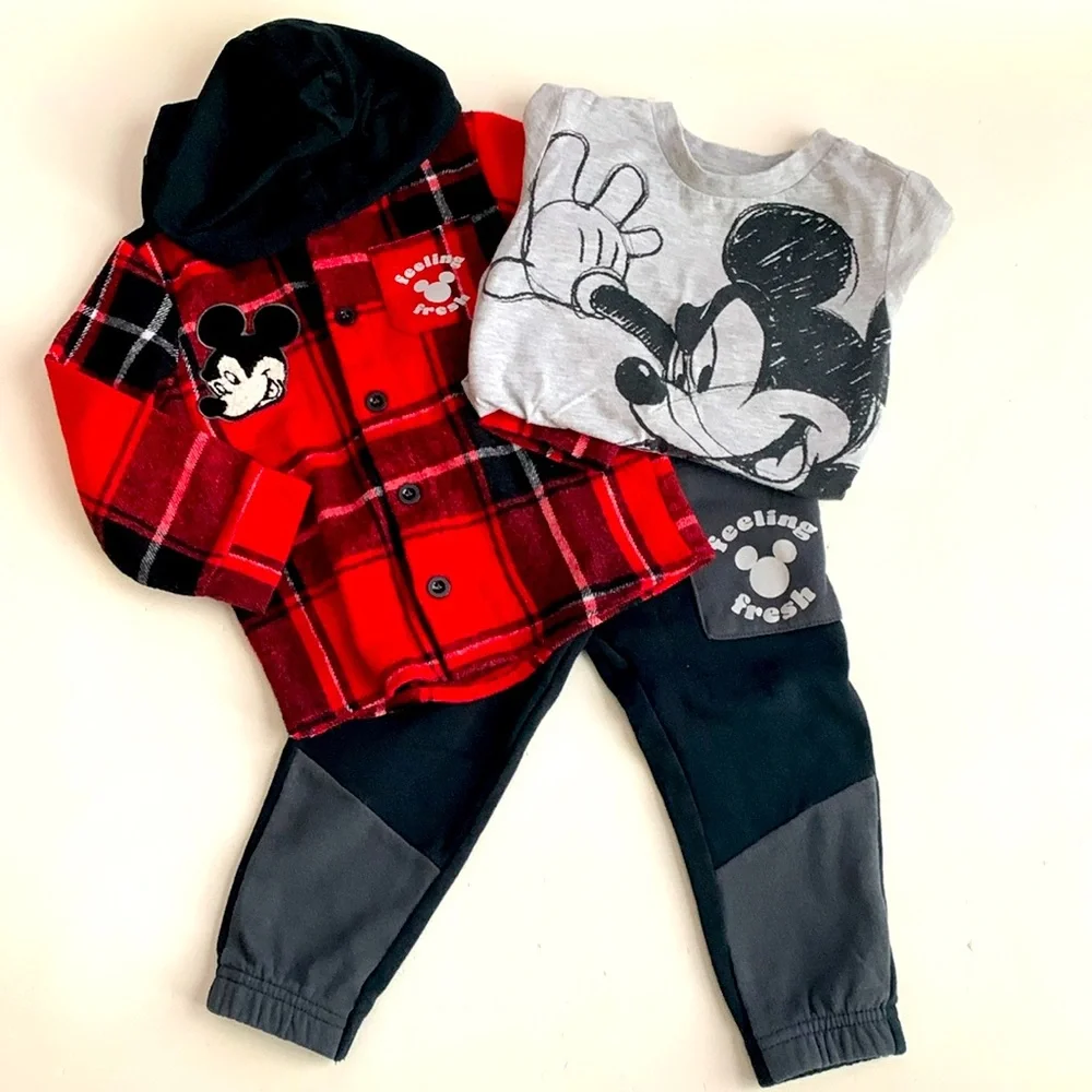 Disney Red & Black Plaid Mickey Jacket, Gray Mickey Shirt, & Black Pants 18 mo